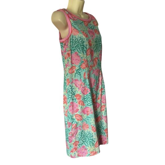 Talbots Petite Sleeveless Fish Print Sheath Dress Green Pink Cotton Woman Sz 8P - Picture 2 of 12